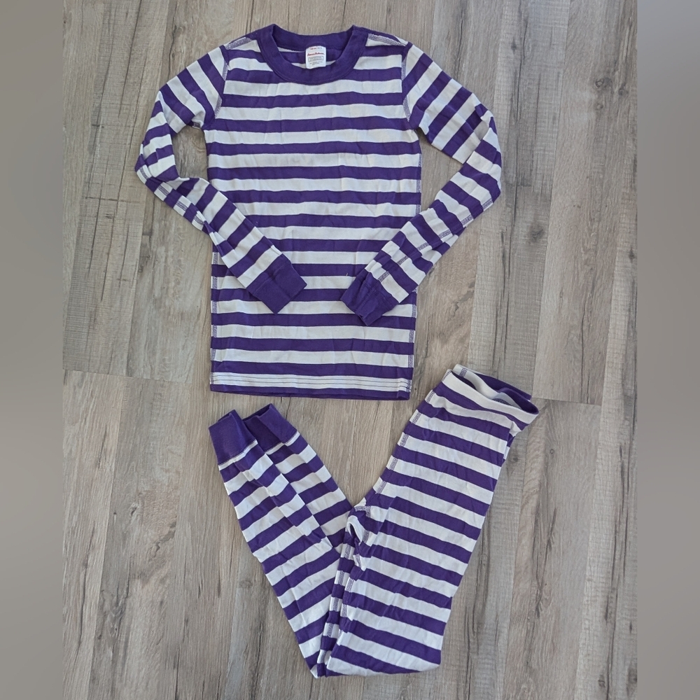 Hanna Andersson Purple and White Striped Kids Pajamas, 10Y (V3)